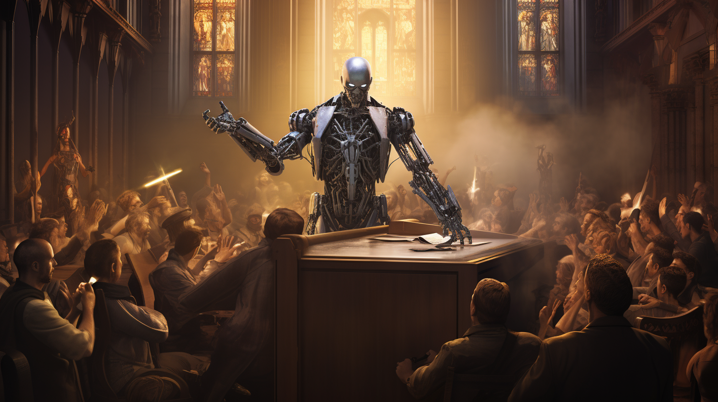 AI preacher delivering sermon in church