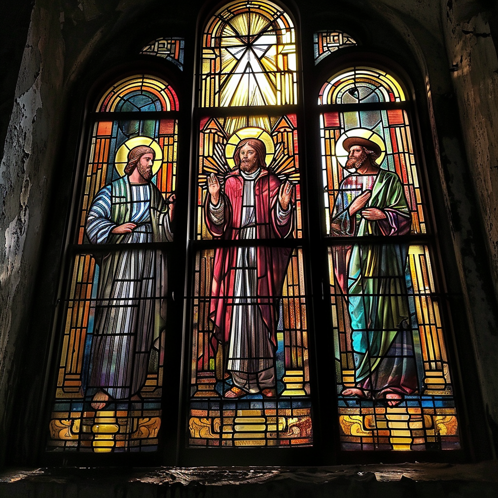 Stained glass window with Jesus and disciples in quartet attire