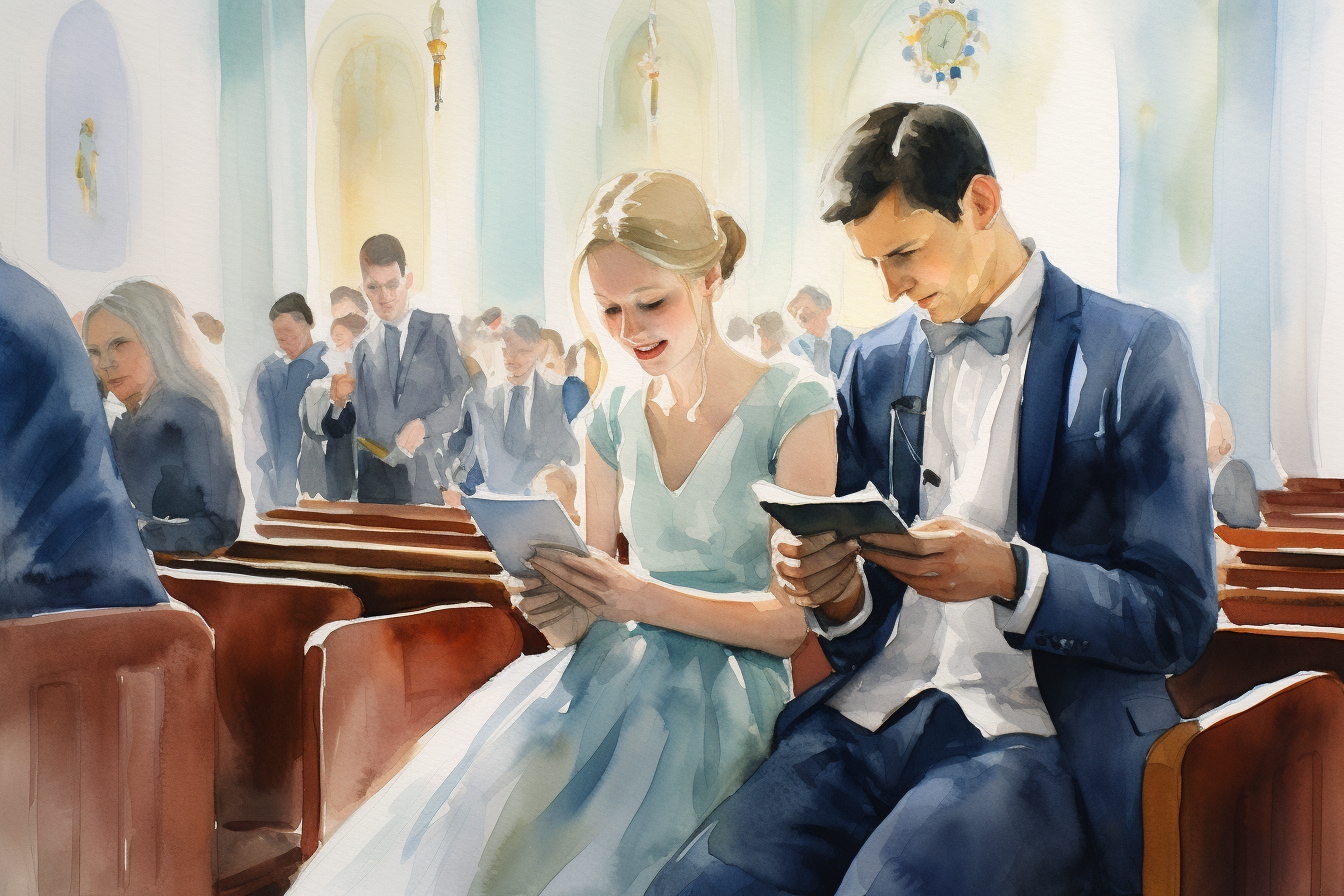 Wedding couple with priest in church