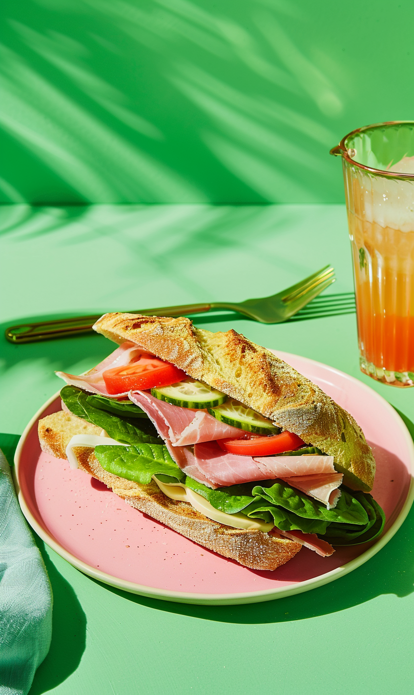 Ciabatta Ham Sandwich on Pink Plate