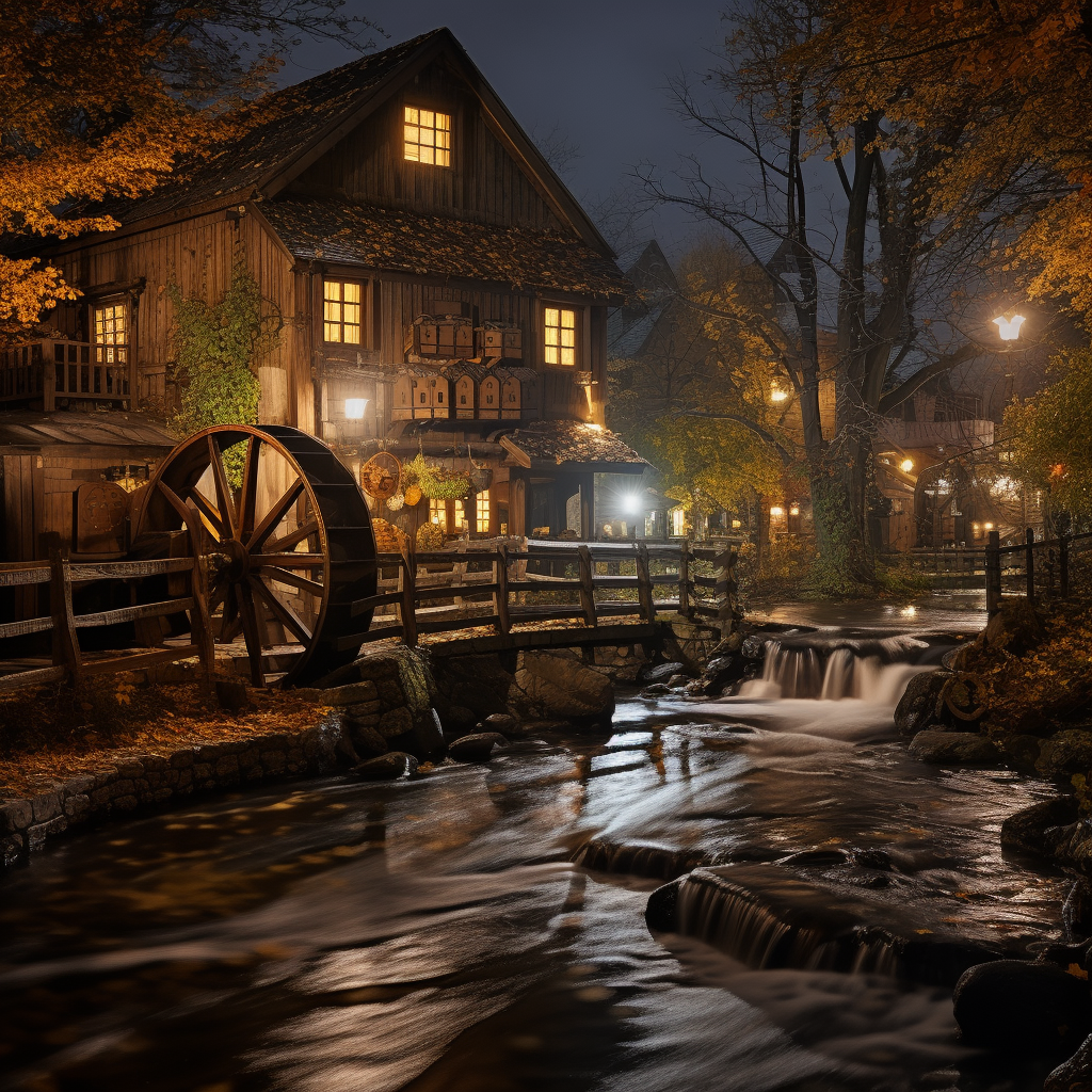 Night view of illuminated cider mill by river ?