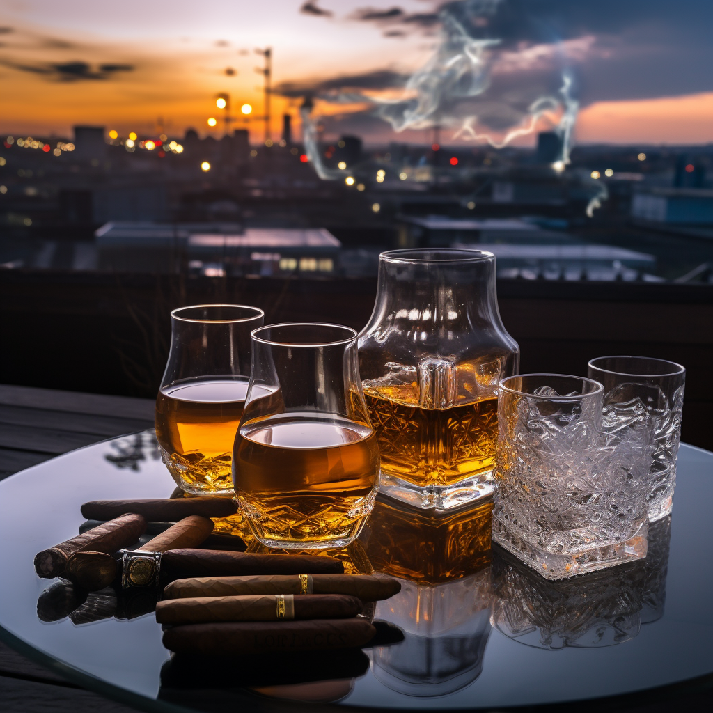 Cigars and beer on table with refinery view