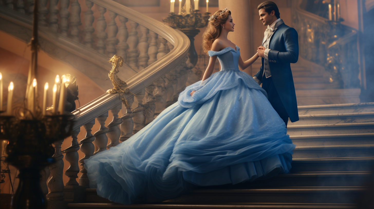 Cinderella waltzing with prince in blue dress