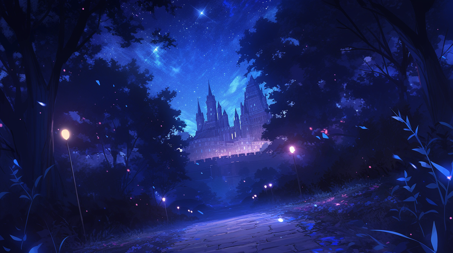 Path leading to Cinderella's enchanting castle at night