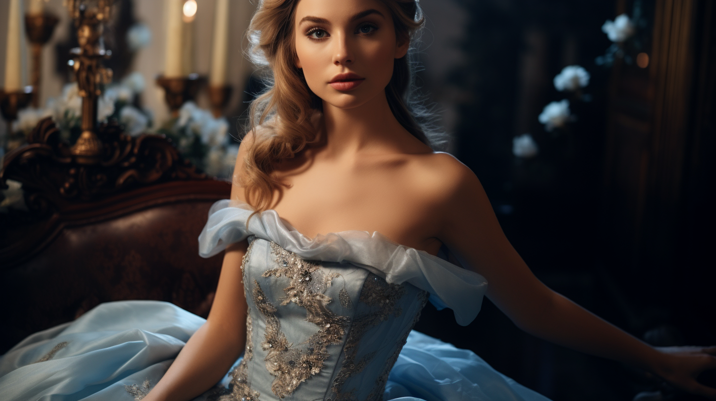 Cinderella shocked in a beautiful dress