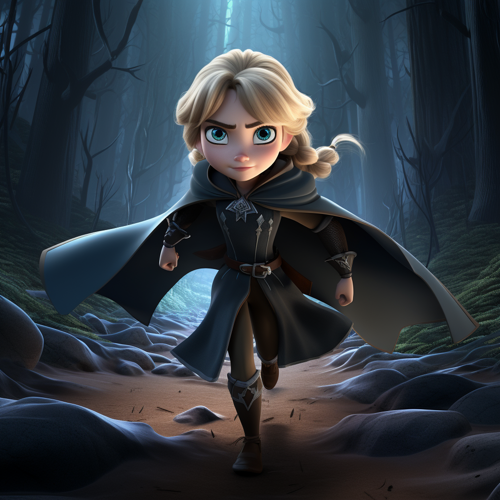 Cinderella in leather armor running through dark forest