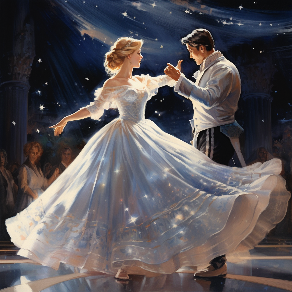 Cinderella in a Silvery Silk Gown Dancing with the Prince