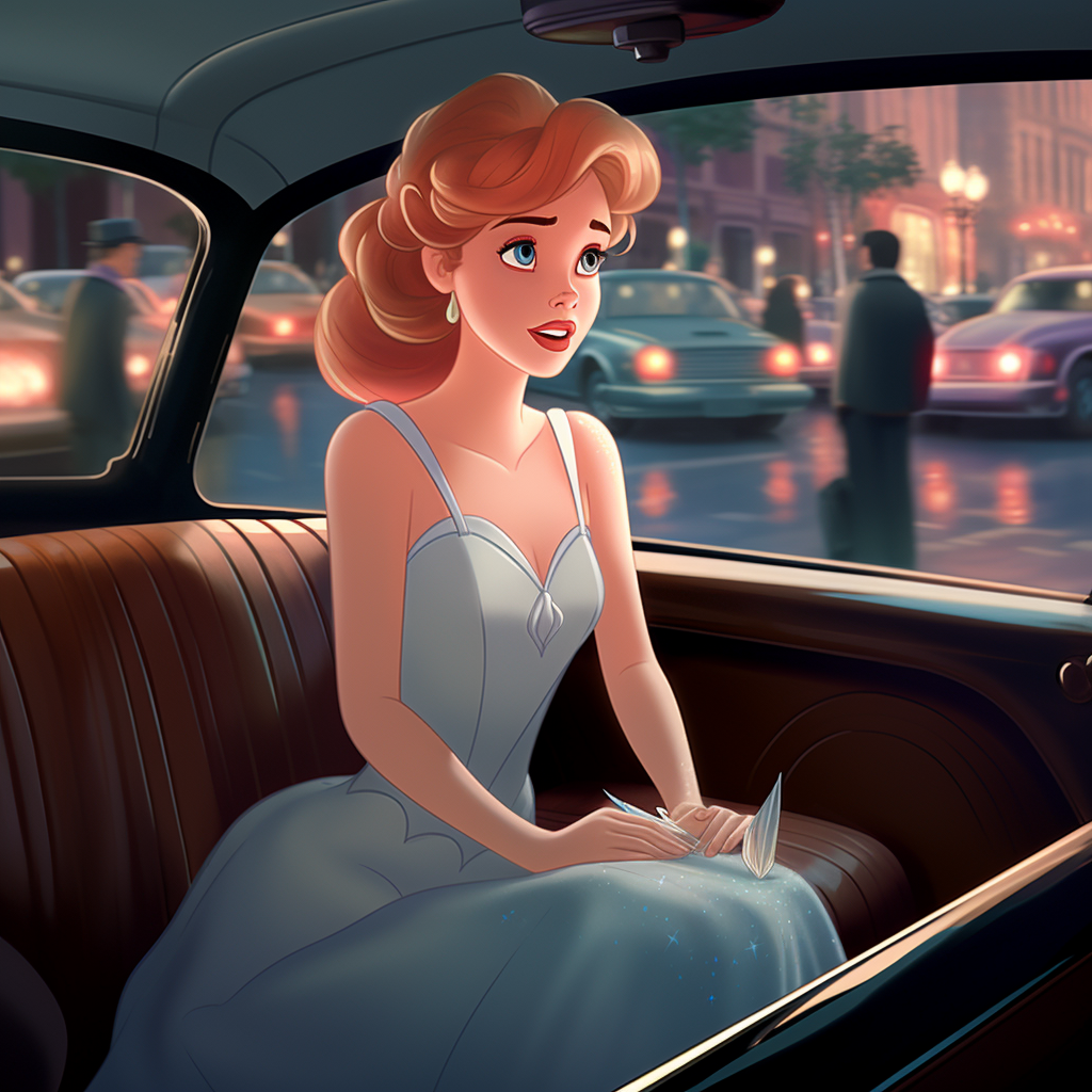 Cinderella driving Uber with pedestrians