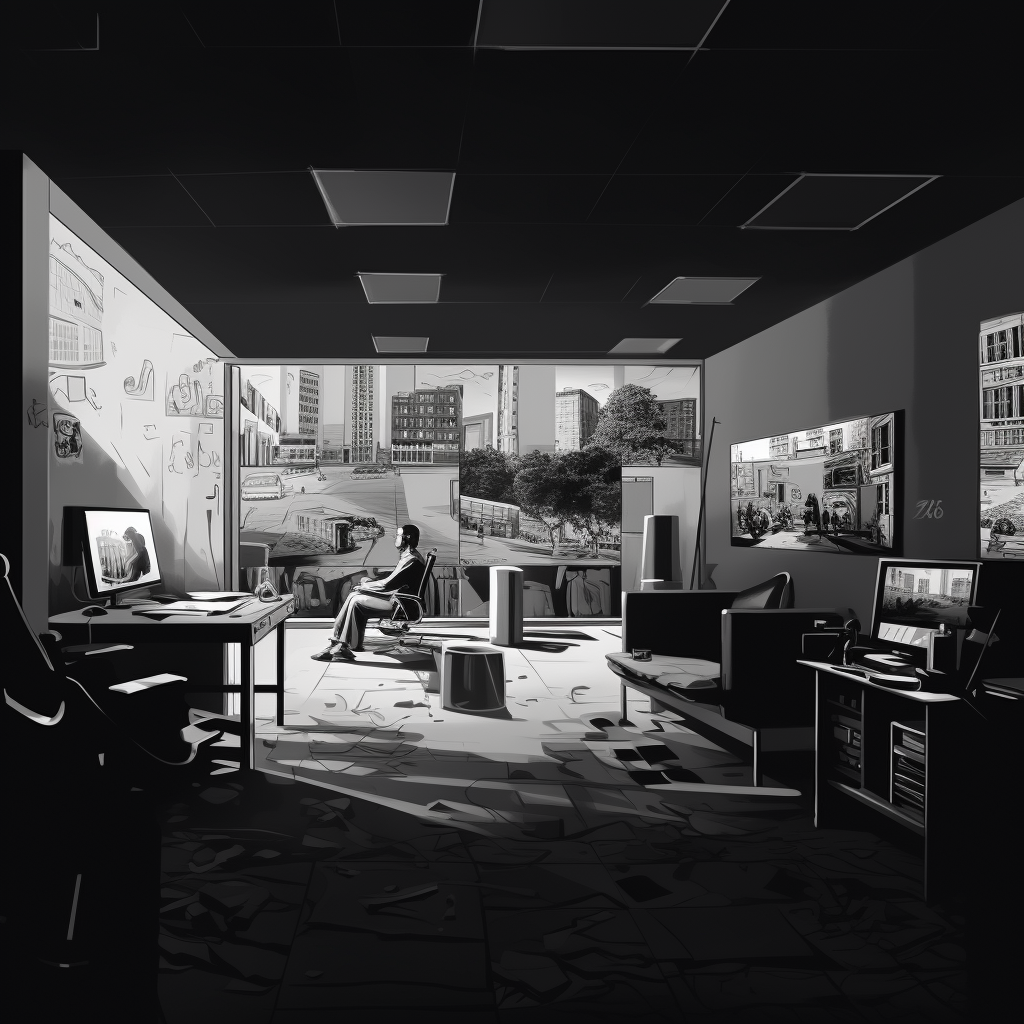 Black and white cinema editing room