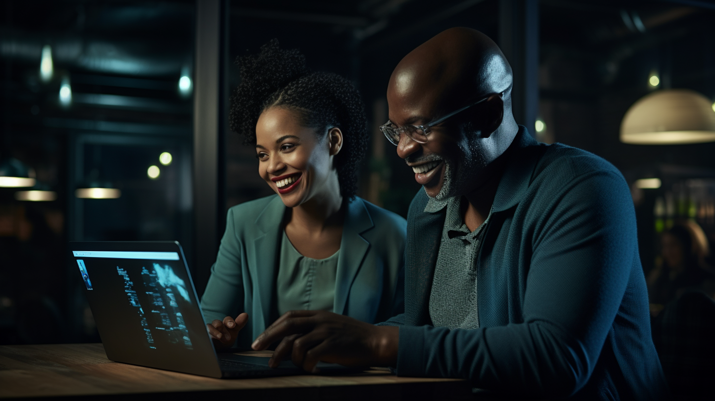 Middle-aged African man showing laptop to female colleague