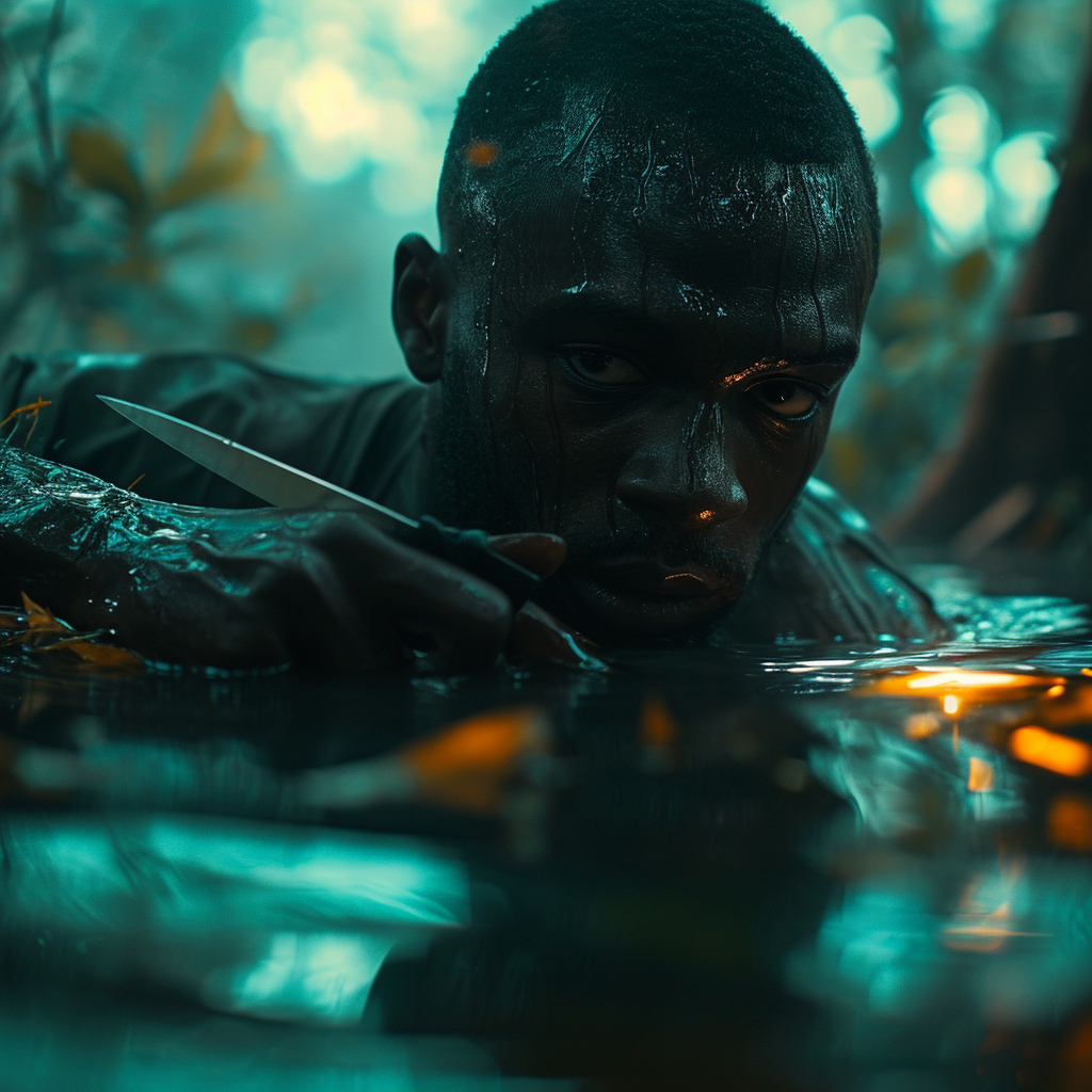 Close-up of black man with glowing knife in swamp