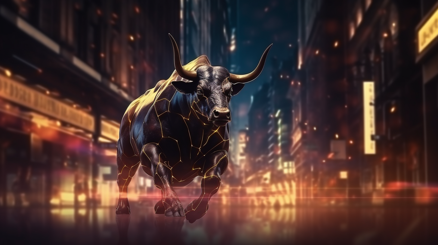 Cinematic bull trading candles in digital art