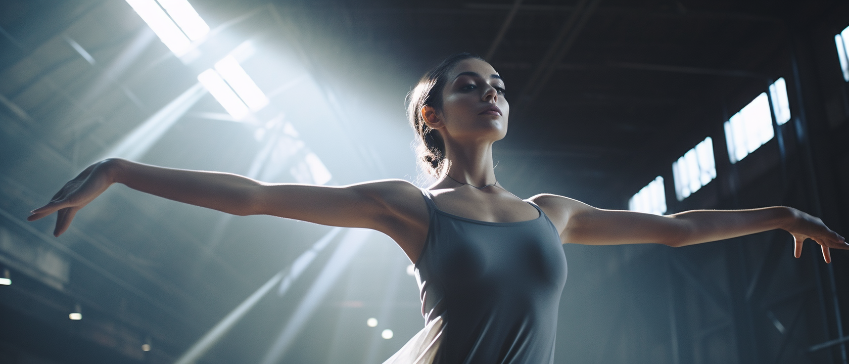 Futuristic dancer on industrial spaceship in cinematic shot