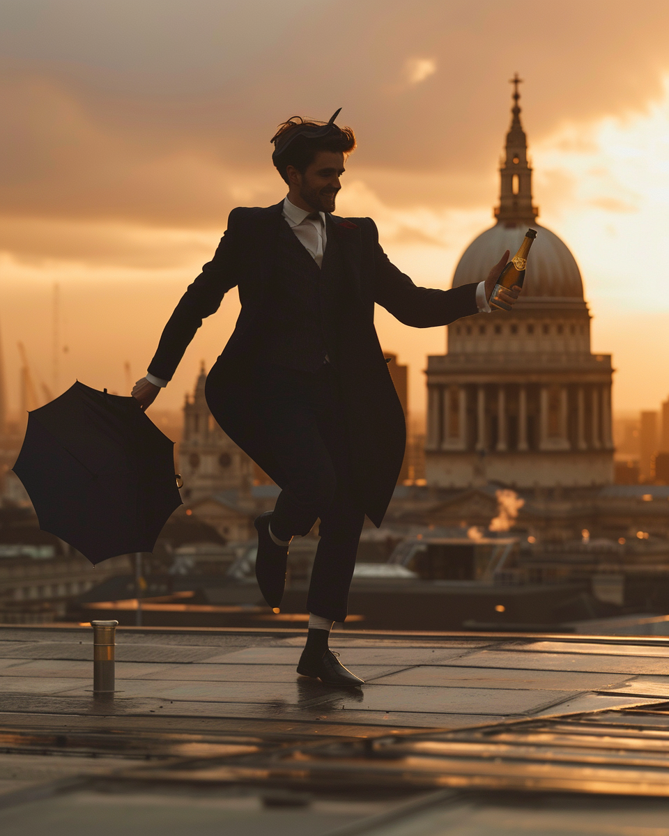 Stylish man dancing with champagne