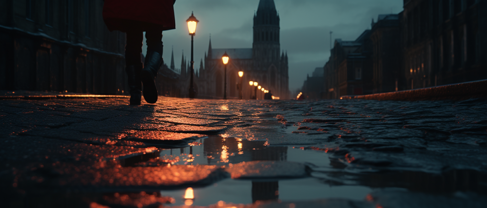 Cinematic reflection in front of cathedral