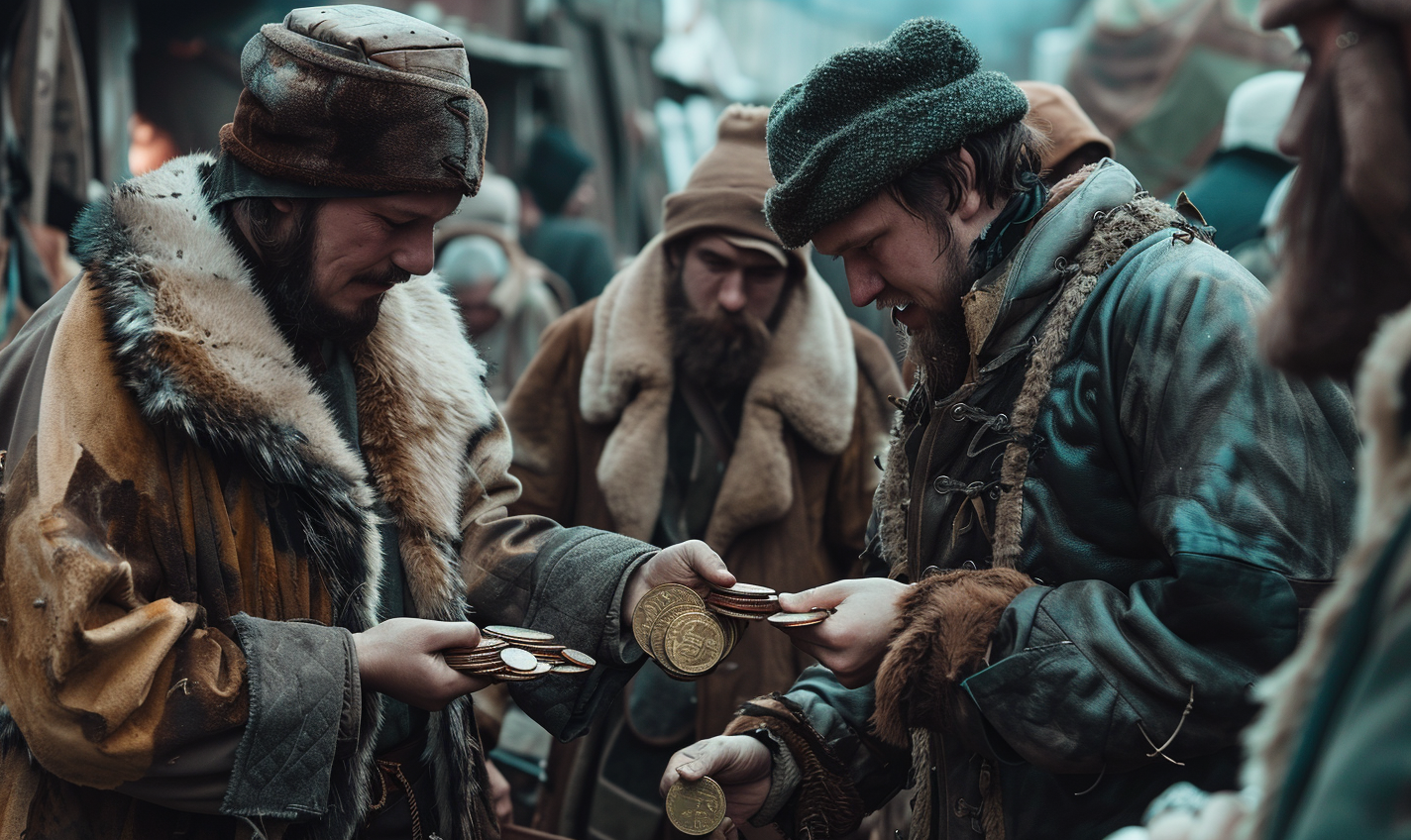 Men exchanging coins cinematic scene