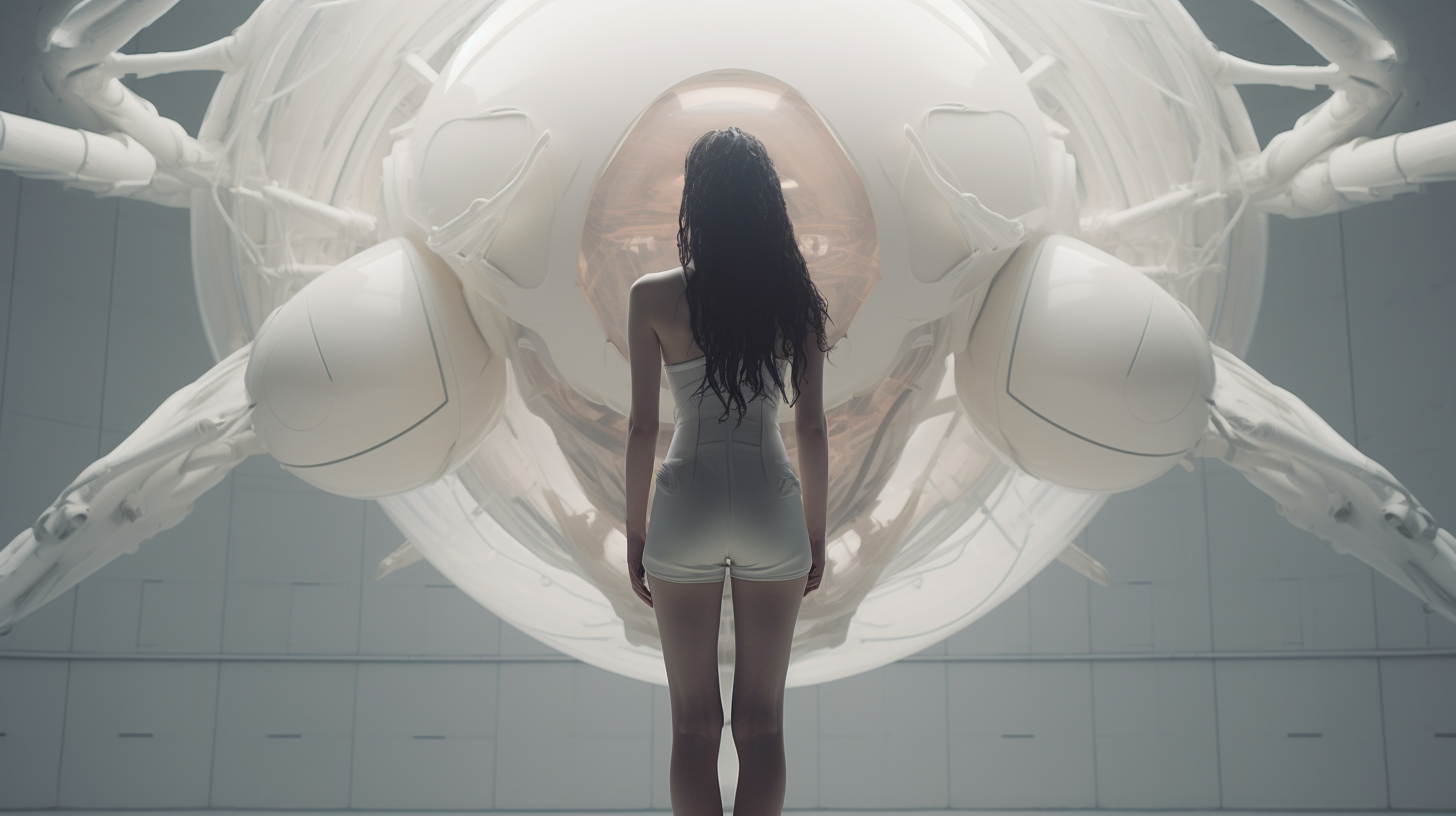 Girl standing in front of white spacecraft