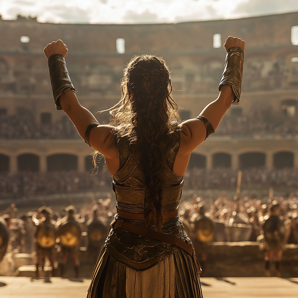 Gladiator in Colosseum raising fists