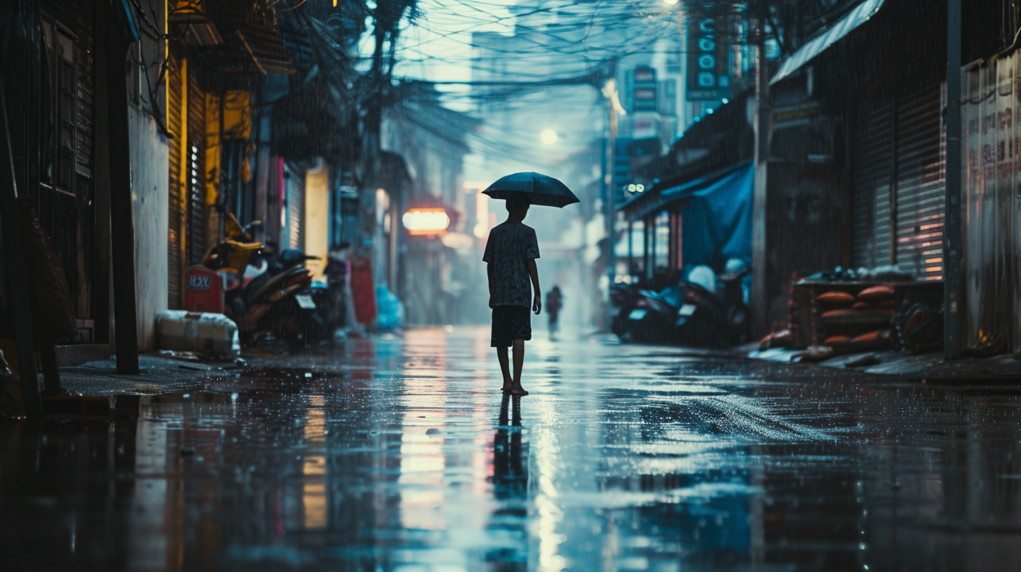 Asian boy walking in rain with gun