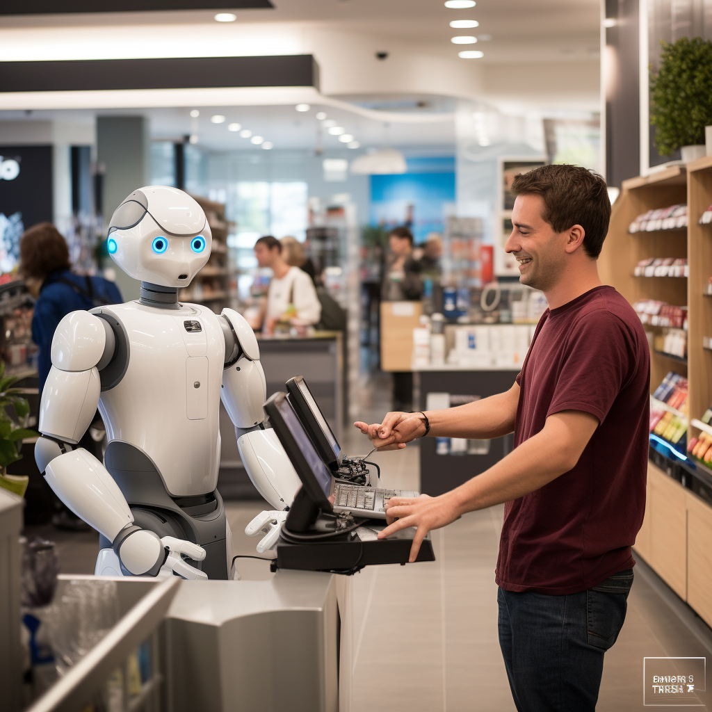 High-resolution image of a humanoid robot handling a credit card transaction