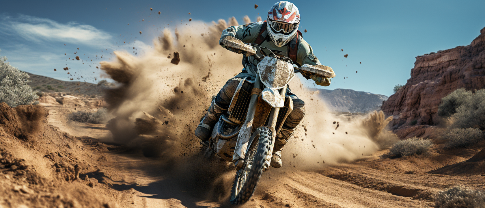 Cinematic image with a middle-aged rider on a dirt bike