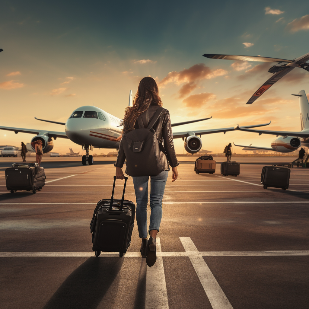 woman carrying bags exiting flying taxi