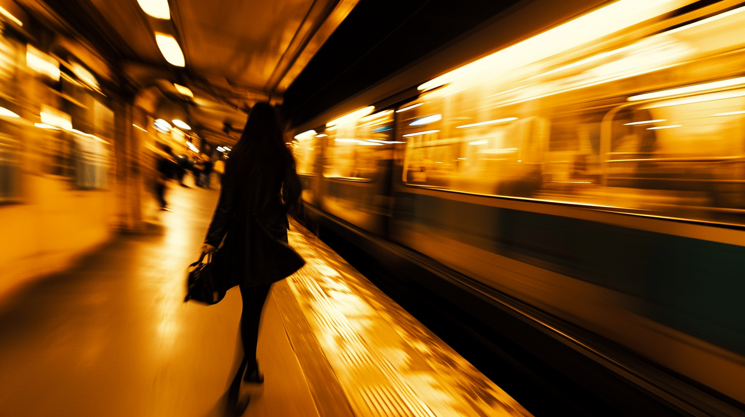 Cinematic minimalist image of a woman and metro in Paris