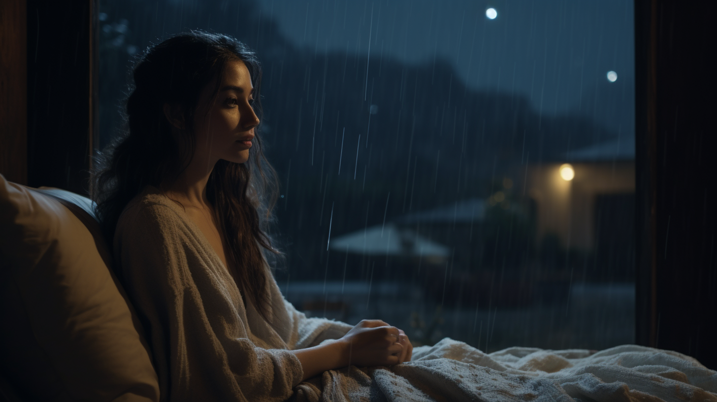 Cinematic night rain landscape with cozy bed