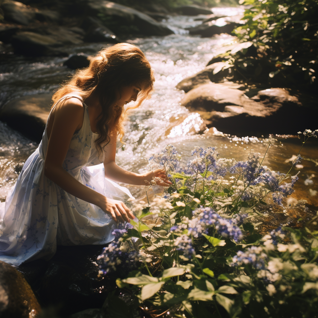 Cinematic photography of blue creek with surrounding flowers