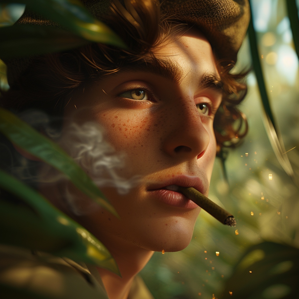 Young man smoking joint in tropical forest