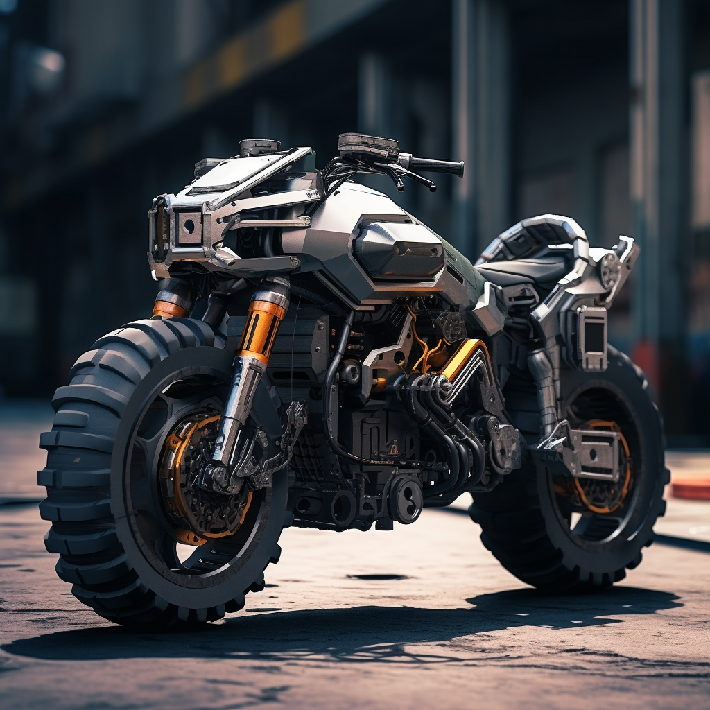 Futuristic motorcycle in a post-apocalyptic setting