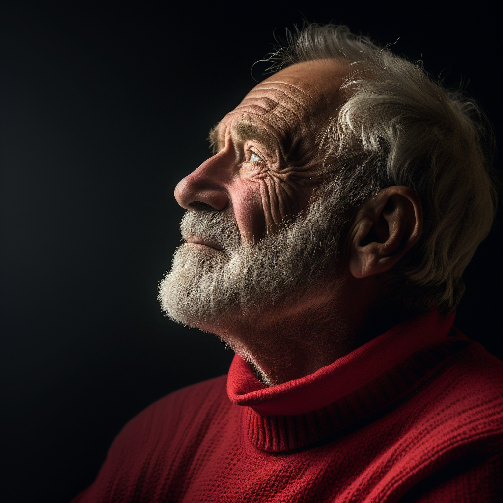 Old man in red sweater facing away