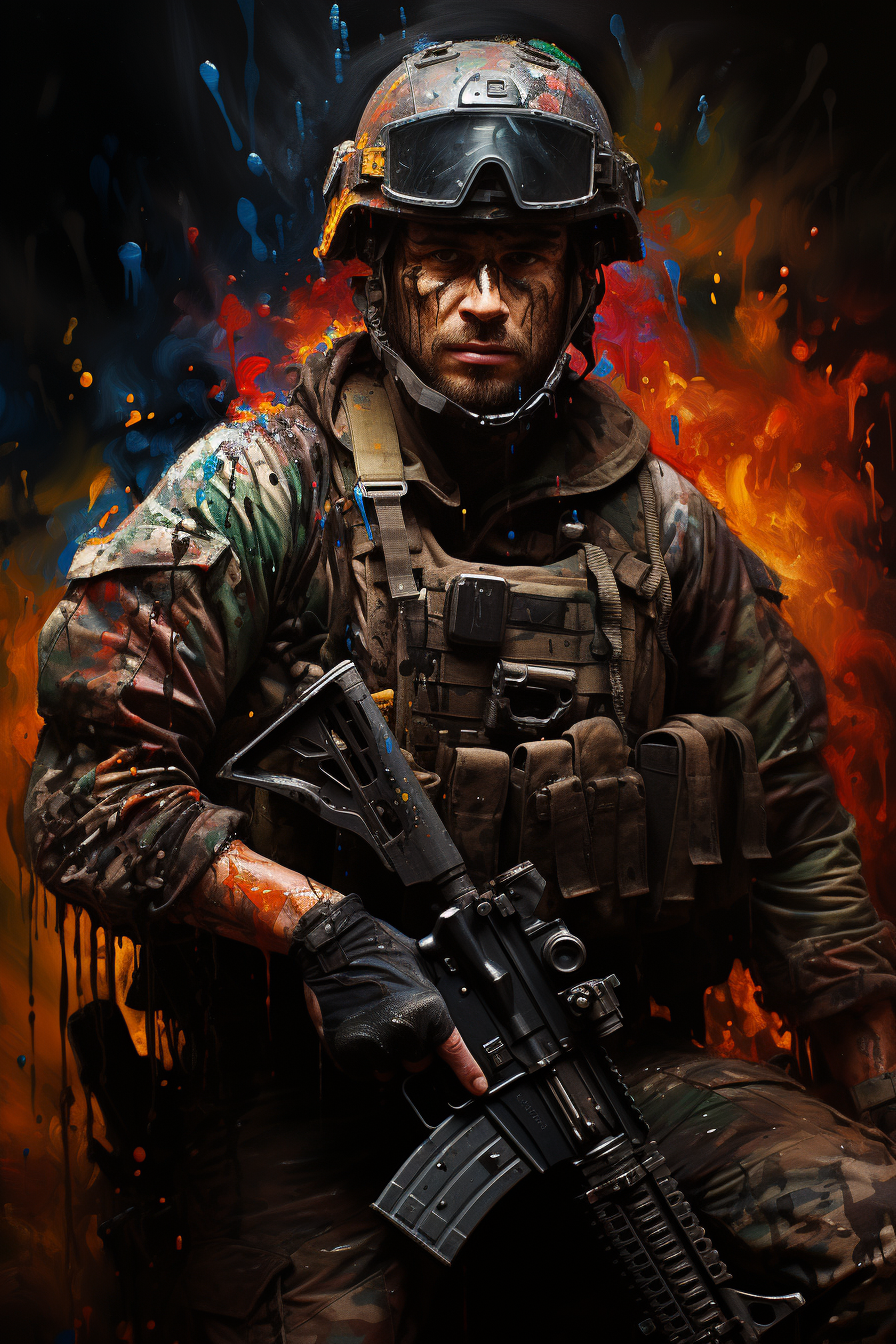 Realistic soldier painting in combat gear