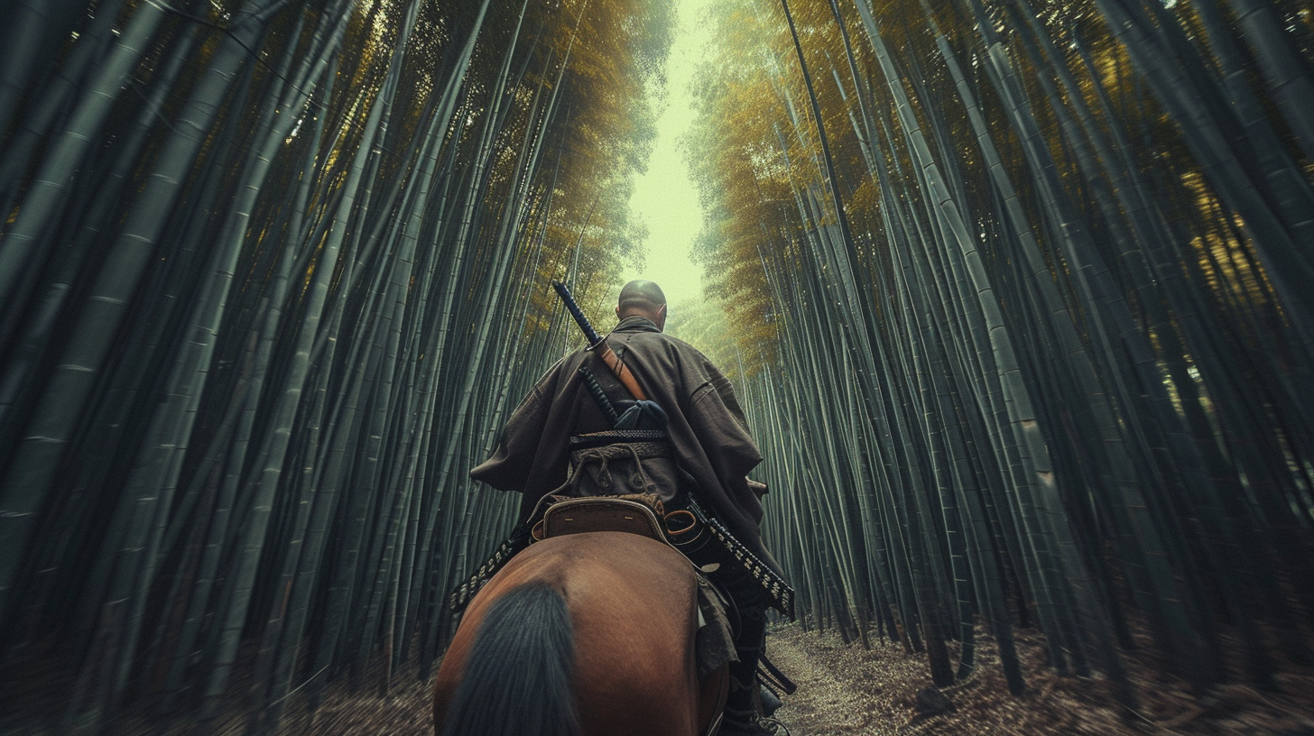 Bald Japanese Samurai Riding Horse in Bamboo Forest