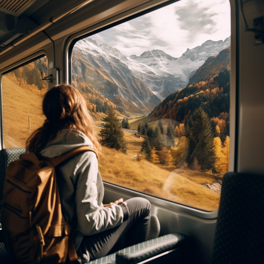 Female traveler admiring autumn landscape from train window