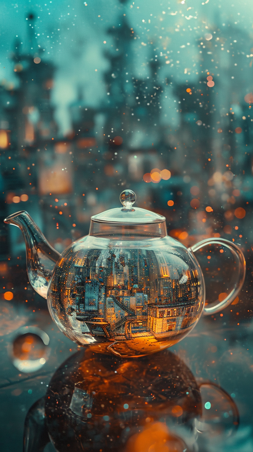 Transparent teapot city cosmic landscape