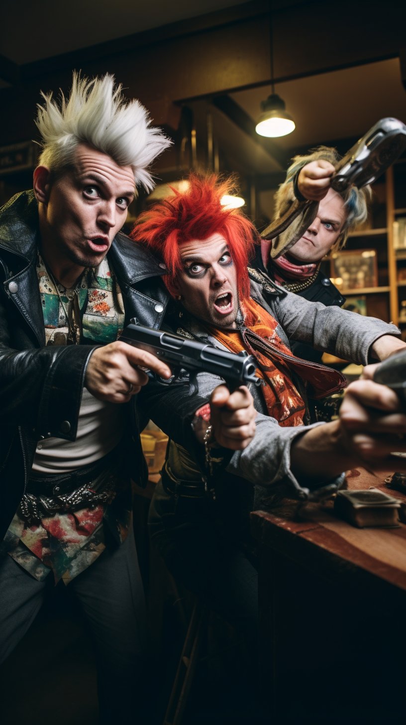 Colorful hair punks robbing a bank in classic Western style