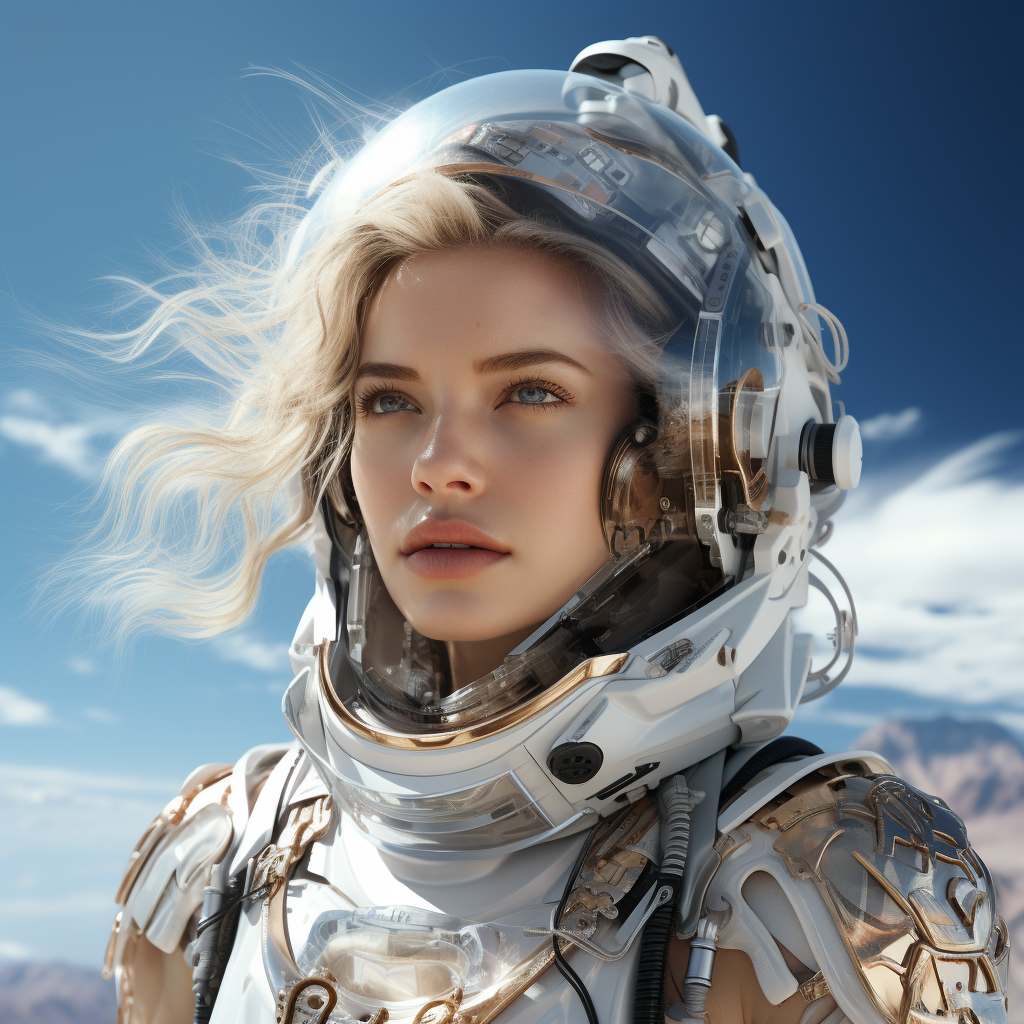 Futuristic white cyborg woman in dress and astronaut suit