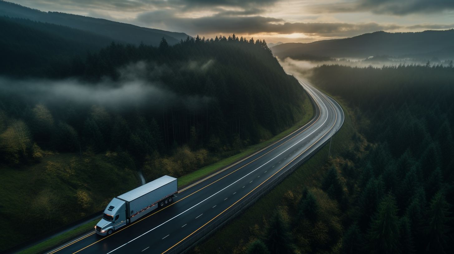 Aerial photo of Freightliner truck on winding freeway