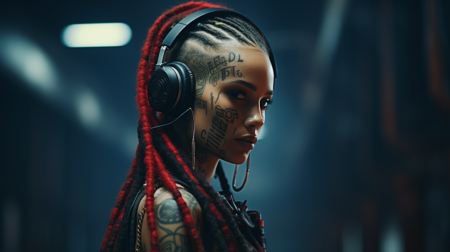 Woman with Black and Red Braids in Cyberpunk Setting