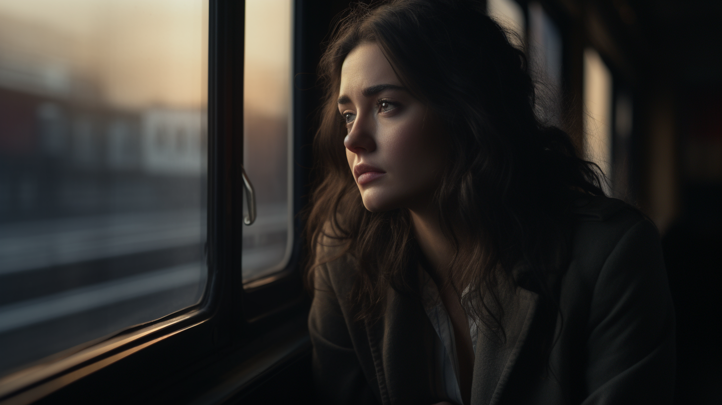 Beautiful woman watching train by window