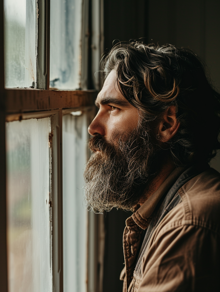 Close-up Photo of Burly Bearded Man Looking Out Window