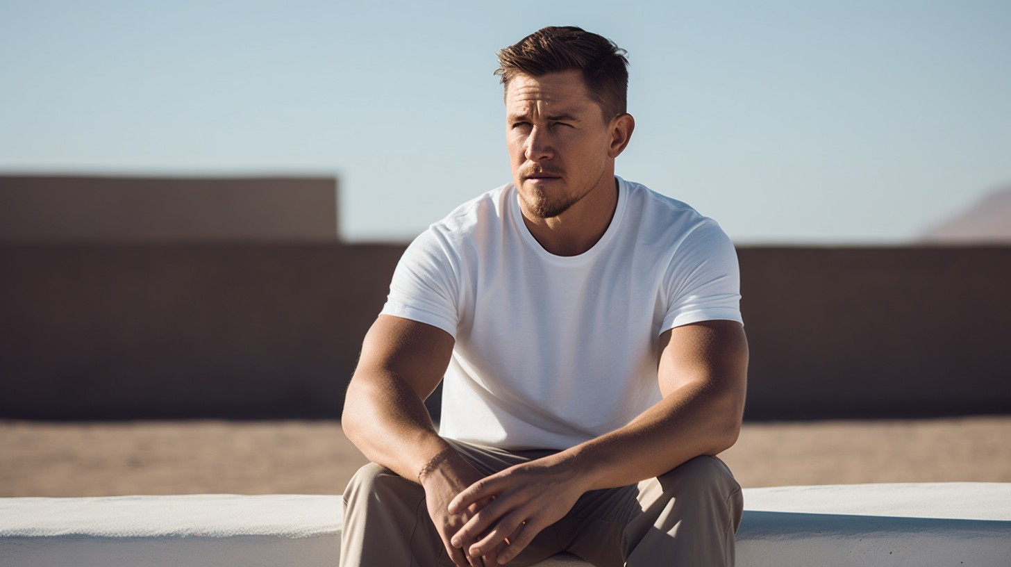 Channing Tatum in white crew Tshirt with ethereal glow