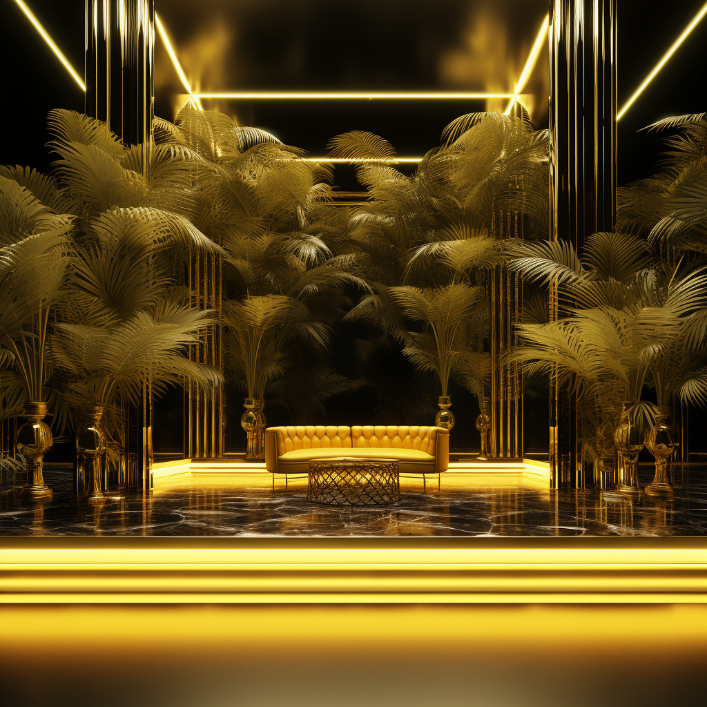 Cinematic gold room with 3D door and palm tree leaves