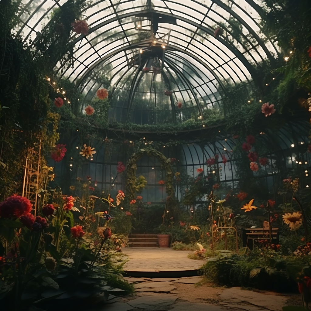 Cinematic scene of a futuristic greenhouse with lush greens and flowers