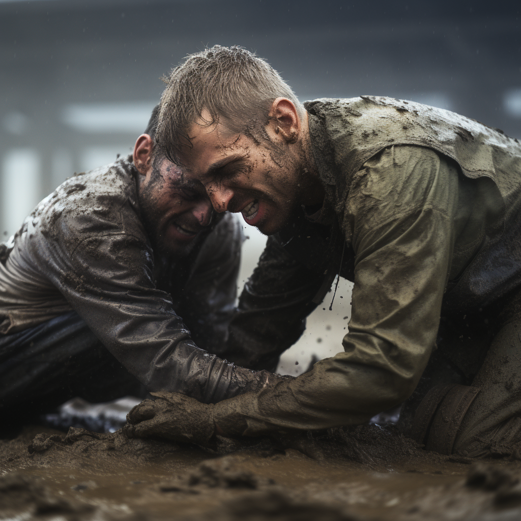 Intense mud wrestling match in progress