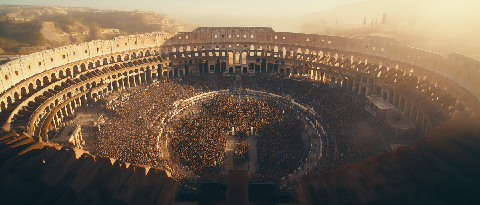 Aerial shot of hyperrealistic Roman Colosseum with crowd