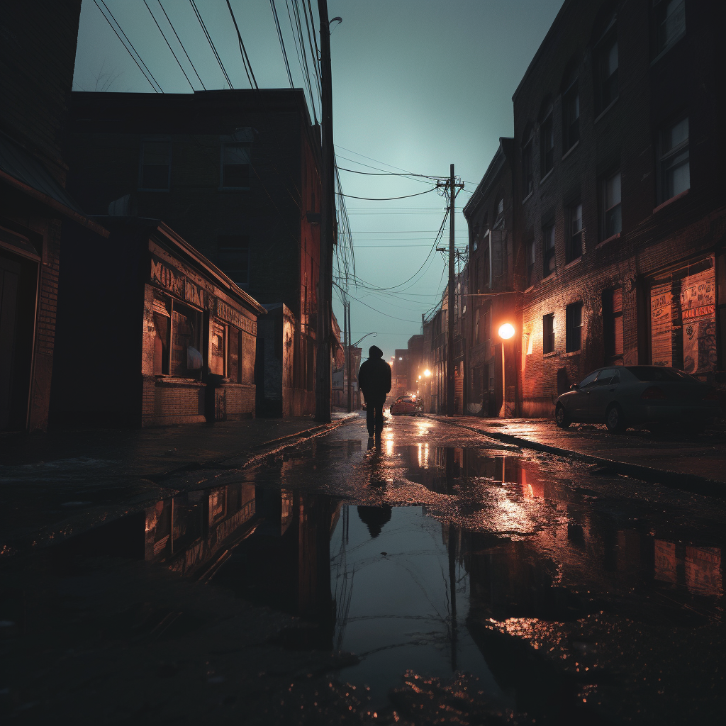 Moody night scene with neon lights in small town