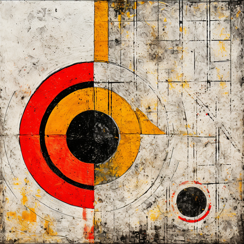 Abstract artwork with circles, squares, and triangles