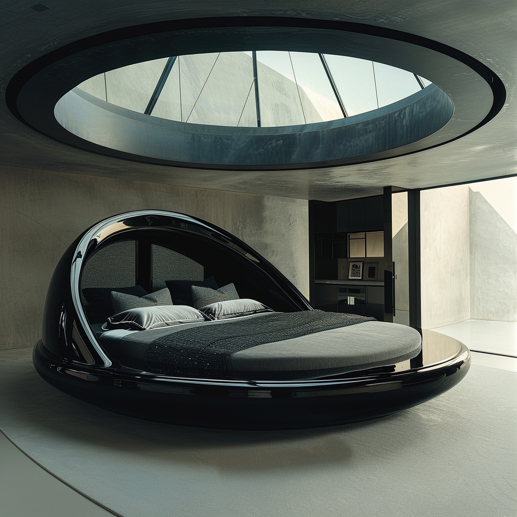 Circular bed in futuristic room